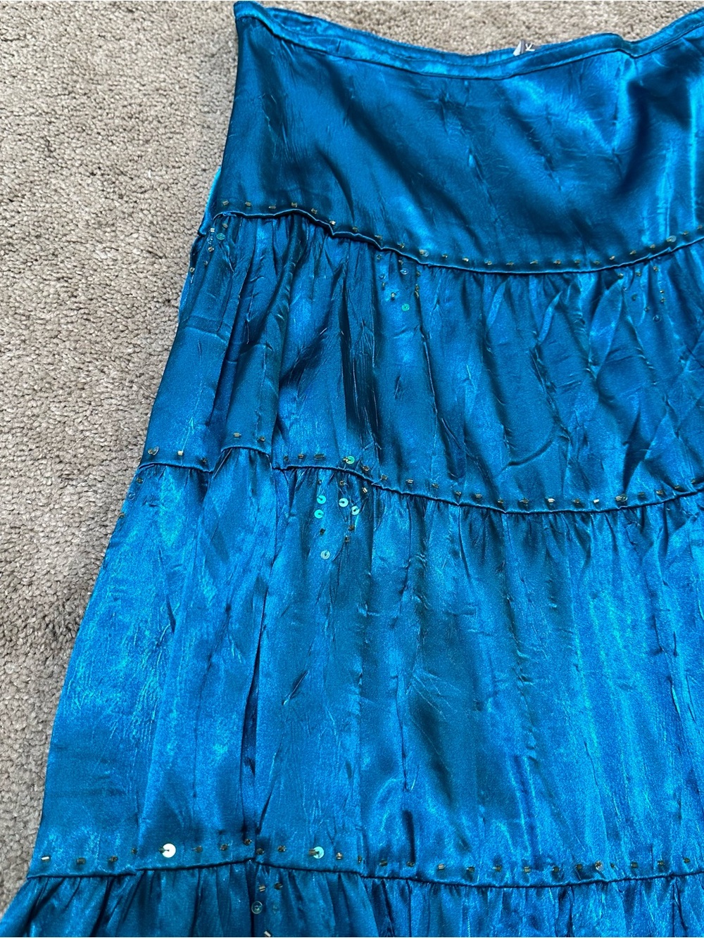 Vintage Y2K Satin Tiered Embellished Maxi Skirt Teal Boho Hippie Gypsy Sz Medium - Picture 6 of 8